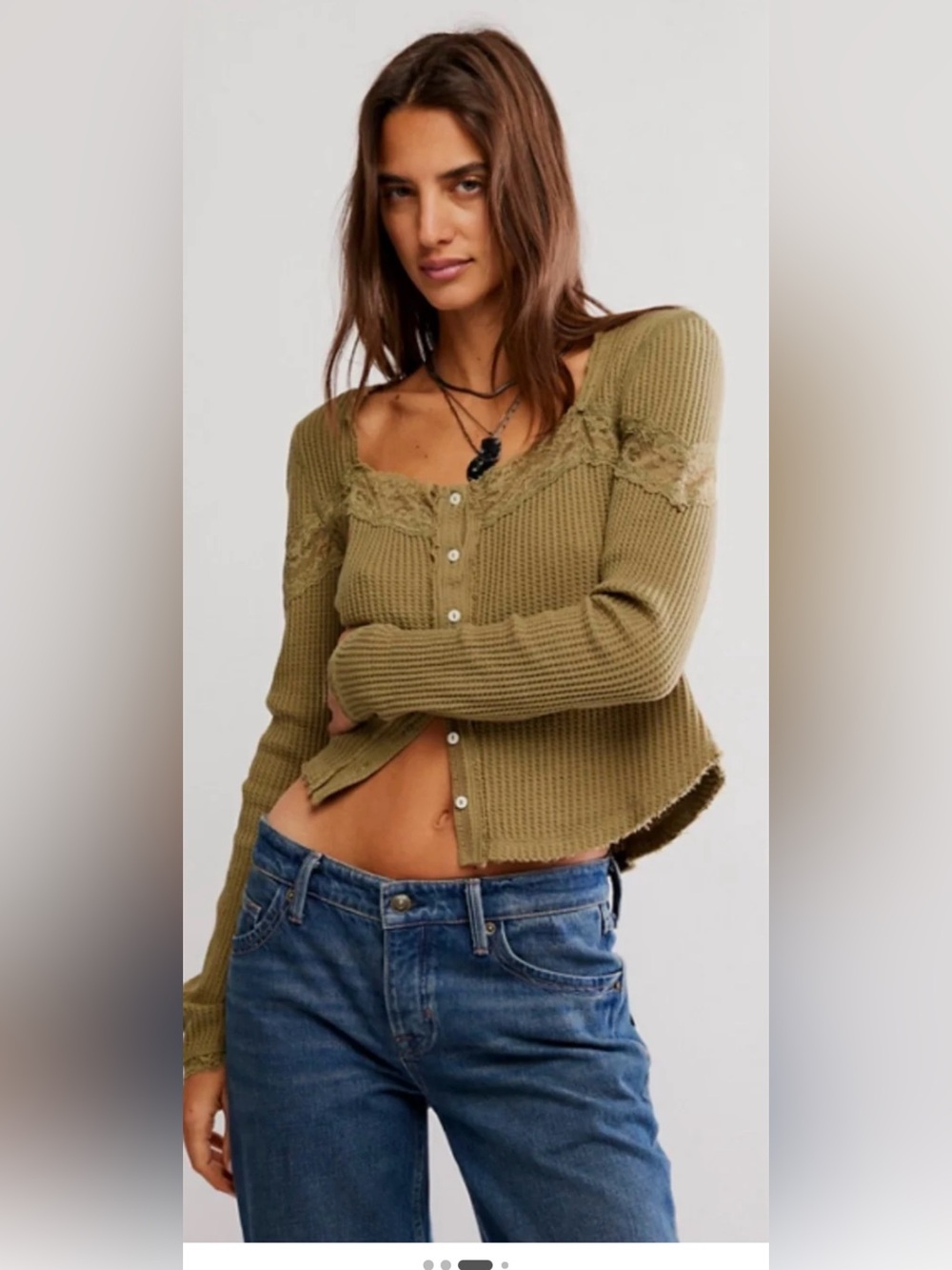 Free People Olive Lace-Trim Off-the-Shoulder Waffle Cardigan